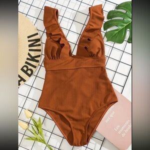 Caramel Chic - Seductive Deep V Rib Knit One Piece Swimsuit
